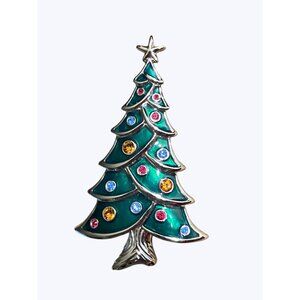 Silvertone Green Enamel Multicolored Crystal Christmas Tree Brooch Swan Marking